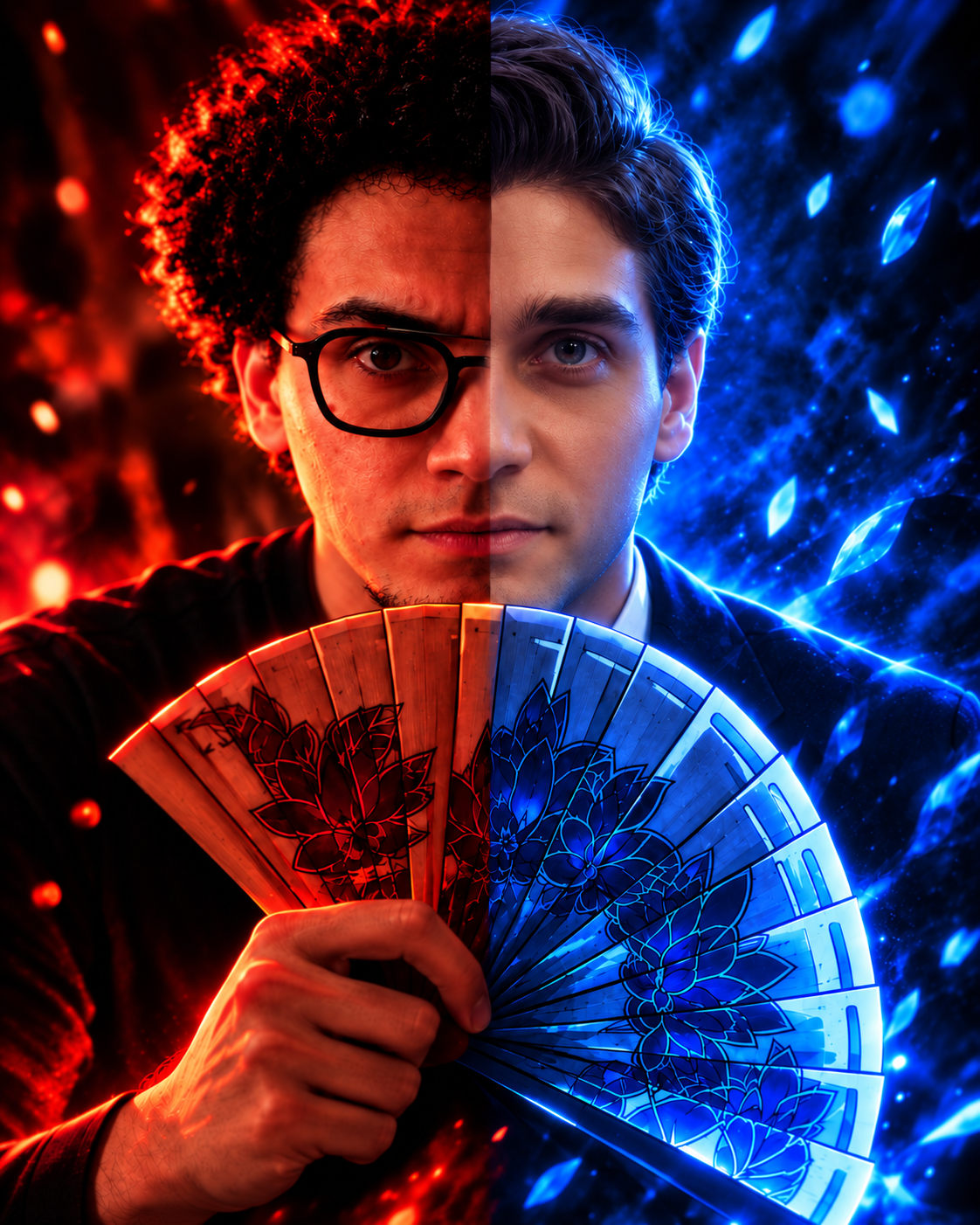 Cinematic fire and ice split portrait